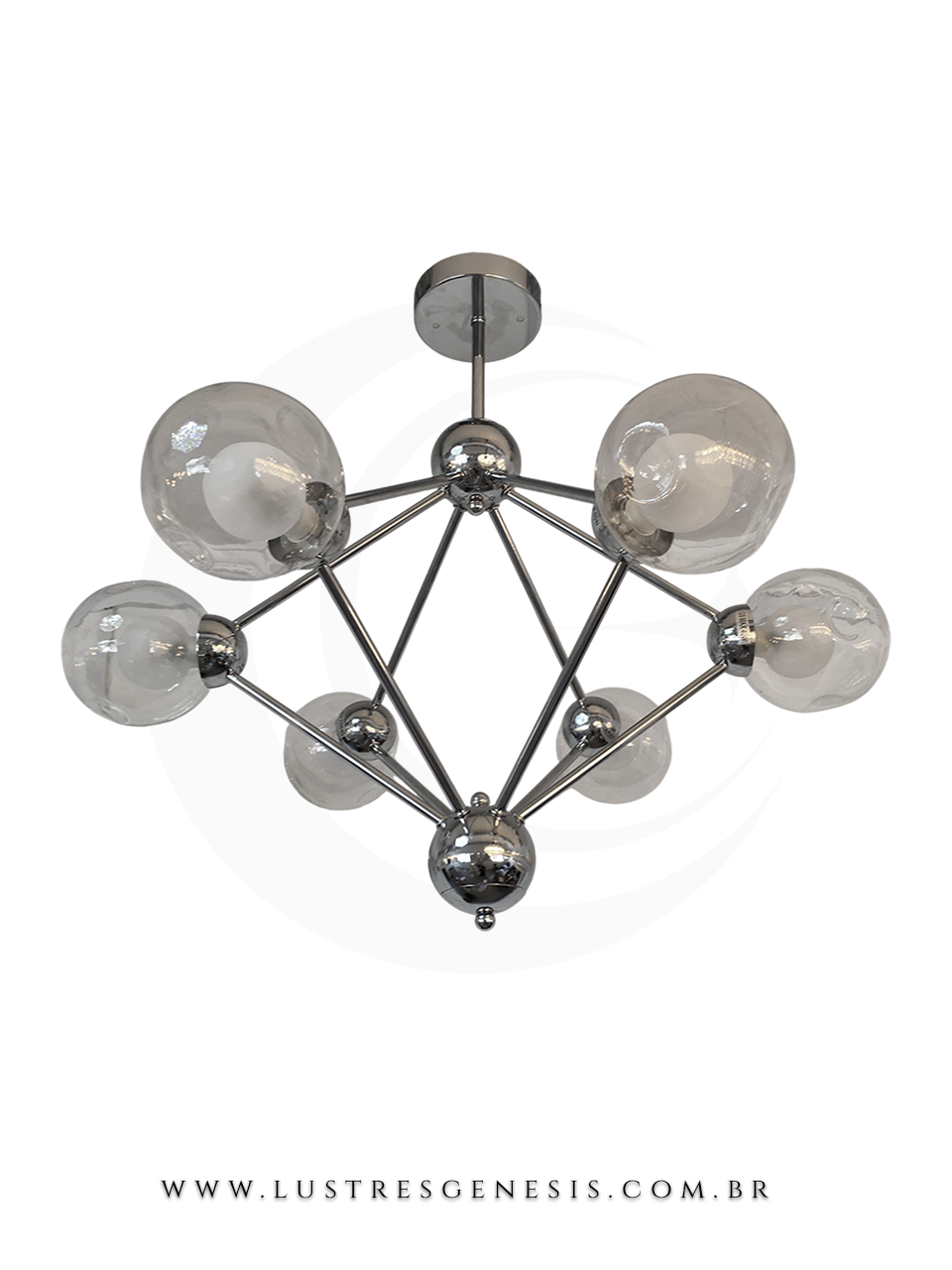 Lustre pendente globos cromados Óriany com 6 lâmpadas para sala de jantar e estar, design moderno da Sindora Iluminação.